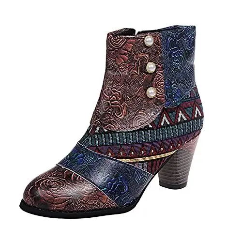 Produktbild: Mode Damenschuhe atmungsaktiver Chunky High Heels Retro Reißverschluss Kurze Stiefel Schuhe Damen Schwarz Stiefeletten (Brown, 40)