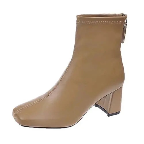 Produktbild: Spring Stiefel Damen Damen Stiefel Stiefel Frauen Stiefeletten Und Winter Einfache Feste Farbe Mode Bequeme Karree Platz Ferse Zurück Zipper Leinenschuhe Damen Weiß Plateau Boots Damen (Khaki, 43)