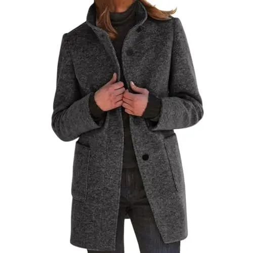 Produktbild: Generisch wintermantel damen Wollmantel Winter Warm Wintermantel Mittellanger Elegantes Mantel Winddichter Übergangsmantel Einfarbig Damenmantel mit Kragen und Knöpfen fleecejacke damen