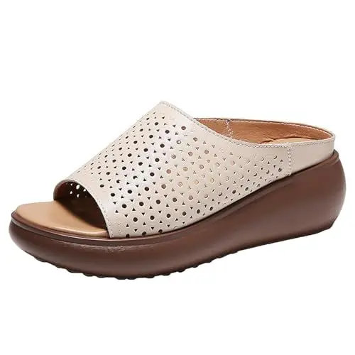 Produktbild: generisch Damen-Sandalen mit hohler, lässiger Plateausohle, modische einfarbige Keilsandalen Schuhe Wasserdicht Damen 43 (Beige, 38)