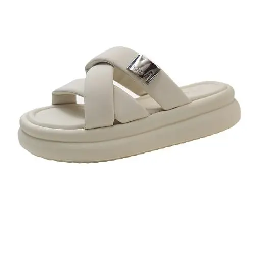 Produktbild: generisch Damen Sandalen mit Dicker Sohle für Oberbekleidung Gummi Plateau Hausschuhe Schuhe Damen Plateau Sneaker (Beige, 37)