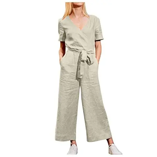 Produktbild: generisch Ganzkörperkostüme Damen-Overall mit kurzen Ärmeln und weitem Bein und V-Ausschnitt Hosenanzüge Für Damen (Khaki, L)