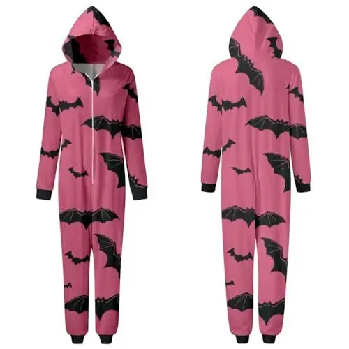 Produktbild: generisch Passender Familien-Pyjama mit Halloween-Fledermaus-Aufdruck, langärmelig, Schlafanzug, Nachtwäsche, /Ferien-Overall-Set Kinder Pyjama Mädchen 134-140 (Hot Pink, XXL)