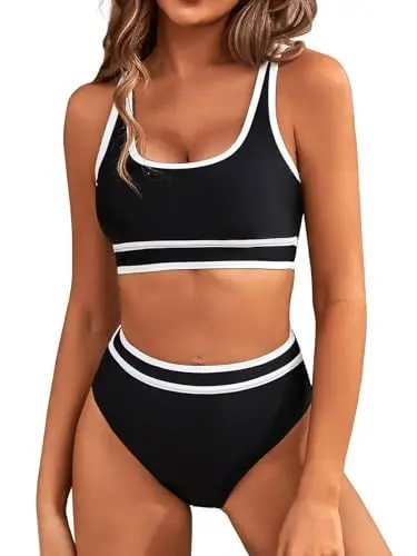 Produktbild: Genfien Bikini-Sets für Damen High Waist Bikini mit Hoher Taille Bademode Bauchkontrolle Bikini Sets Colour-Blocking Push Up Badeanzug