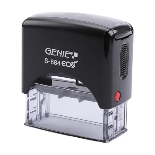 Produktbild: GENIE S-884 ECO Stempel Set mit Stempelkissen | Adressstempel | Automatikstempel | Firmenstempel | Selbstfärbender Stempel | Mini-Bürogerät | Robust & Personalisierbar | Buchstaben, Zahlen & Zeichen