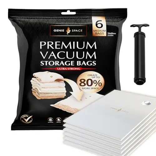 Produktbild: GENIE SPACE - Unglaublich starke Premium platzsparende Vakuumbeutellagerung | 6 x MITTEL (70x50cm) | Luftdicht & wiederverwendbar | Erstellen Sie 80% mehr Platz | Für Kleidung, Handtücher usw.