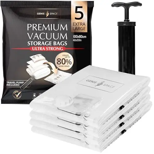 Produktbild: GENIE SPACE - Unglaublich starke, platzsparende Premium-Vakuumtaschen zur Aufbewahrung | 5 x EXTRA LARGE (100x80cm) | Luftdicht & wiederverwendbar | Erstellen Sie 80% mehr Platz | Für Kleidung usw.