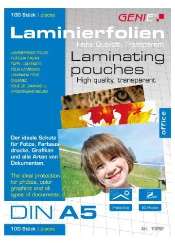 Produktbild: Genie 10262 Laminierfolien (glasklar·· 80 Mikron für Formate bis zu DIN A5·· geeignet für alle HeiÃŸlaminiergeräte) 100er Pack