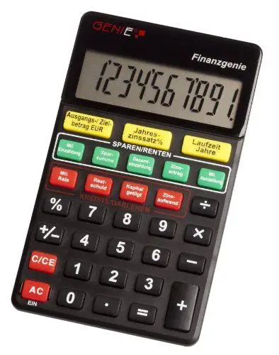 Produktbild: Genie Finanzgenie 10-stelliger Taschenrechner (Knopfdruck zu Zinsen·· Laufzeiten·· Raten·· Ansparungen·· Sparsummen) schwarz