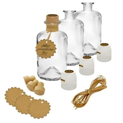 Produktbild: Geniess-Bar! 3x Apothekerflasche 700 ml leer Geschenk Komplettset Apotheker Glas Flaschen Anhänger Kapsel Siegel gold Korken Bast zum selbst befüllen 0.7 l Apothekerflaschen