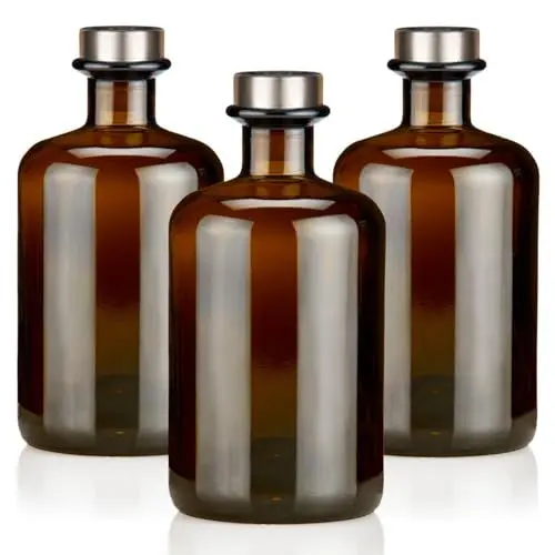 Produktbild: Geniess-Bar! 3x Apothekerflaschen 500ml braun elegante Braunglas Flaschen schwarz antik 0,5L leer PE Korken Titansilber matt Glasflaschen für Öl, Gin, Kräuter Schnaps od. als Geschenk