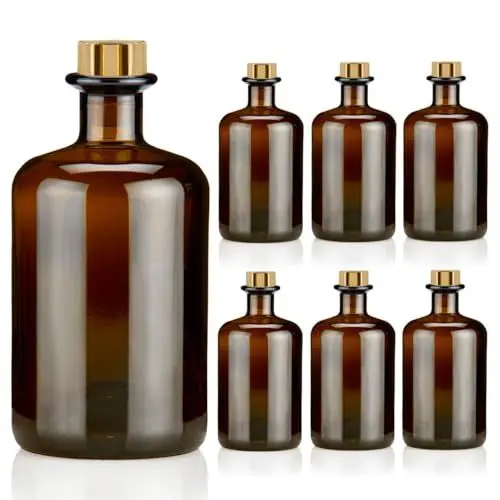 Produktbild: Geniess-Bar! 6x Apothekerflaschen 500ml braun elegante Braunglas Flaschen schwarz antik 0,5L leer PE Korken Gold Glasflaschen für Öl, Gin, Kräuter Schnaps od. als Geschenk