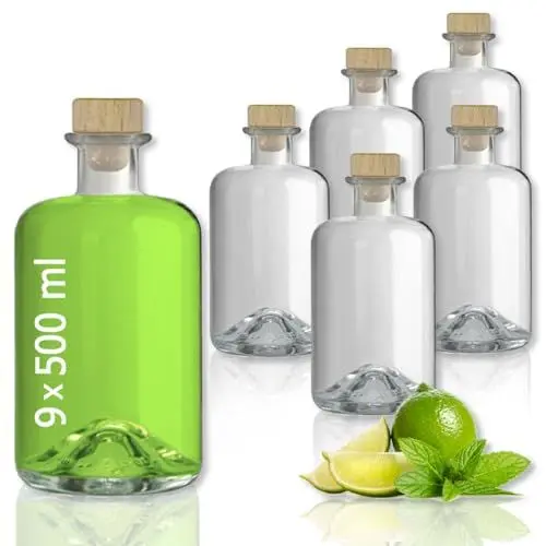 Produktbild: Geniess-Bar! 9 Glasflaschen 500 ml leer zum selbst Befüllen mit Korken Apothekerflasche Essig Öl Flasche