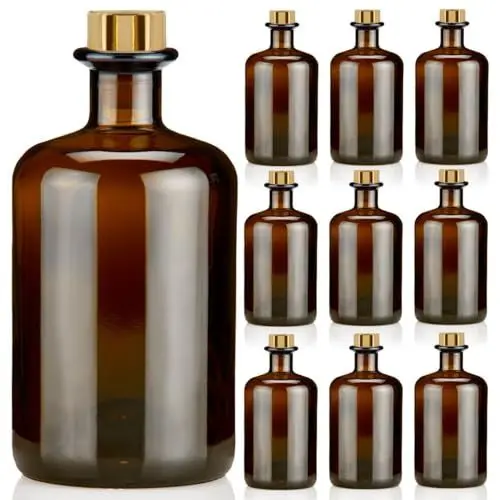 Produktbild: Geniess-Bar! 9x Apothekerflaschen 500ml braun elegante Braunglas Flaschen schwarz antik 0,5L leer PE Korken Gold Glasflaschen für Öl, Gin, Kräuter Schnaps od. als Geschenk