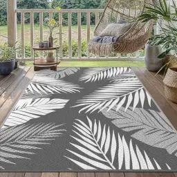 Produktbild: GENIMO Outdoor Teppich 120x180cm Wetterfest, Waschbarer Camping Teppich Wendbar UV-bestandig Carpet, Kunststoff-Picknickdecke für Balkon, Garten, Wohnmobil, Deck, Hinterhof, Grau & Weiß