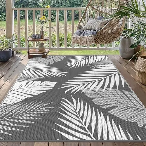 Produktbild: GENIMO Outdoor Teppich 120x180cm Wetterfest, Waschbarer Camping Teppich Wendbar UV-bestandig Carpet, Kunststoff-Picknickdecke für Balkon, Garten, Wohnmobil, Deck, Hinterhof, Grau & Weiß