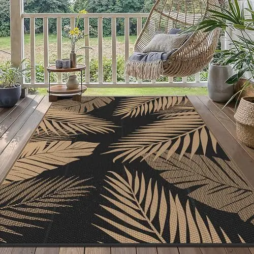 Produktbild: GENIMO Outdoor Teppich 150x240cm Wetterfest, Waschbarer Camping Teppich Wendbar UV-bestandig Carpet, Kunststoff-Picknickdecke für Balkon, Garten, Wohnmobil, Deck, Hinterhof, Schwarz & Braun