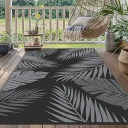 Produktbild: GENIMO Outdoor Teppich 150x240cm Wetterfest, Waschbarer Camping Teppich Wendbar UV-bestandig Carpet, Kunststoff-Picknickdecke für Balkon, Garten, Wohnmobil, Deck, Hinterhof, Schwarz & Grau