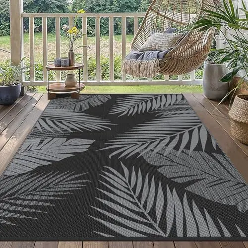 Produktbild: GENIMO Outdoor Teppich 150x240cm Wetterfest, Waschbarer Camping Teppich Wendbar UV-bestandig Carpet, Kunststoff-Picknickdecke für Balkon, Garten, Wohnmobil, Deck, Hinterhof, Schwarz & Grau
