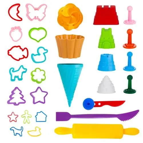 Produktbild: GenioKids Knete Zubehör Knetwerkzeug Zaubersand - 30 Stück Sandspielzeug Set Strandspielzeug Knetmasse Plastilin Kinetischer Sand Werkzeug für Kinder, Mädchen und Jungen