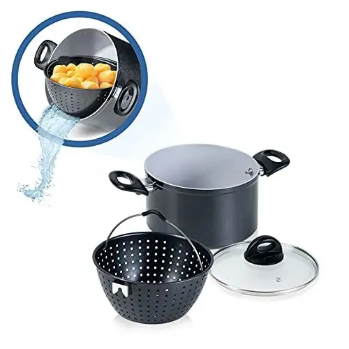 Produktbild: Genius Cerafit Magic Pot Kochtopf-Set 20cm - Topf 3,7l mit Siebeinsatz & Glas-Deckel für einfaches Kochen, Drehen, Dünsten & Servieren der Pasta | Nudeltopf für alle Herdarten, A24661, Schwarz