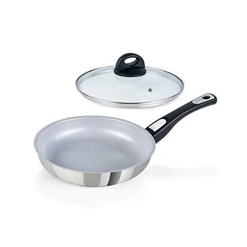 Produktbild: Genius Cerafit Steel Bratpfanne 24cm + Glasdeckel - ofenfeste Keramikpfanne mit kratzfester Antihaft-Beschichtung | Induktion-Pfanne mit abnehmbarem Griff für alle Herdarten