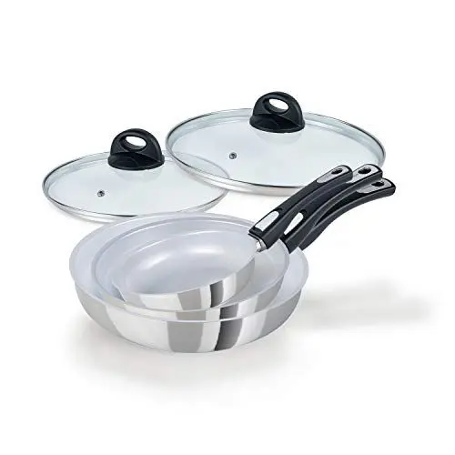 Produktbild: Genius Cerafit Steel Pfanne Bratpfannen-Set 5-tlg - Keramikpfannen 20 24 28 cm mit kratzfester Antihaft-Beschichtung + Glasdeckel - Induktionspfannen mit abnehmbarem Griff alle Herdarten