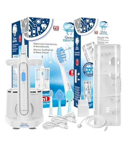 Produktbild: Genius Dental Hydro Fusion 2 in 1 Elektrische Zahnbürste 13tlg inkl. Mundspülung, 3 Modi 5 Wasserdruckstufen, Reiseetui, Wiederaufladbare Toothbrush für Zahnpflege, bis 15000 Bewegungen pro Minute