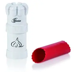 Produktbild: Genius Knoblauchpresse G5 3-tlg, Knoblauchschneider Garlic Press mit Auffangbehälter und Deckel, Knoblauch Crusher, Küchenschneider Spülmaschinenfest einfach zu reinigen, Weiß
