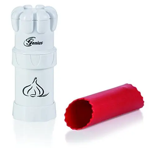 Produktbild: Genius Knoblauchpresse G5 3-tlg, Knoblauchschneider Garlic Press mit Auffangbehälter und Deckel, Knoblauch Crusher, Küchenschneider Spülmaschinenfest einfach zu reinigen, Weiß