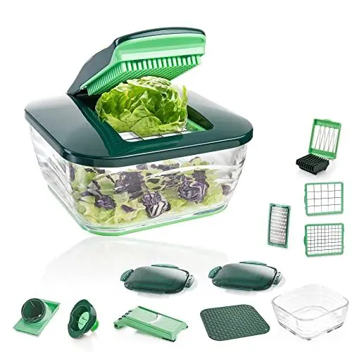 Produktbild: Genius Nicer Dicer Chef (18-teilig) Gemüseschneider mit Glasschüssel & Tomaten-Gemüse-Schneider aus dem TV - Zerkleinerer Obstschneider Zwiebelschneider Spiralschneider, Mintgrün