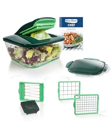 Produktbild: Genius Nicer Dicer Chef 9-teilig + Tomaten-Gemüse-Schneider - für die tägliche bewusste und gesunde Ernährung Allesschneider Obstschneider Zwiebelschneider Zerkleinerer Krauthobel, Grün