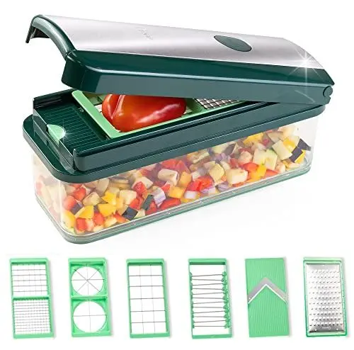 Produktbild: Genius Nicer Dicer Exclusive Gemüseschneider 15tlg Würfelschneider + Tomatenschneider Set 4 Einsätze + Reibe grob & Hobel + Auffangbehälter 2500ml, Grün