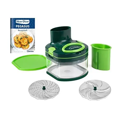 Produktbild: Genius Nicer Dicer Pegasus Gemüsezerkleinerer 10-tlg | Handzugdeckel | geringer Kraftaufwand | Gemüseschneider für schnelles & sicheres Arbeiten | fein reiben + grob schneiden…