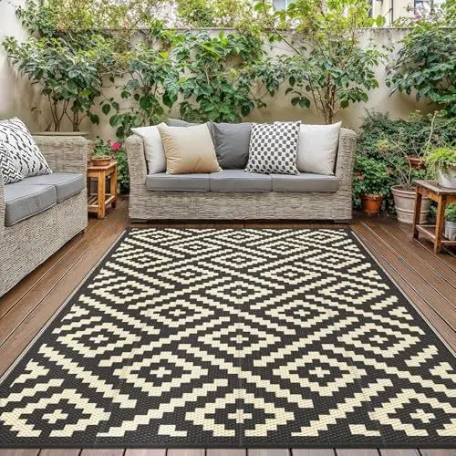 Produktbild: GENlMO Outdoor Teppich Wetterfest 150x240cm Picknickdecke Plastik-Strohhalm Matte UV-bestandig Camping Teppich Waschbarer Outdoor Teppiche fur Garten, Balkon,Pool, Deck, Hinterhof, Schwarz & Beige