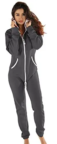 Produktbild: Gennadi Hoppe Damen Jumpsuit Hausanzug Overall Frauen Onesie Ganzkörperanzug Einteiler Baumwolle bequem kuschelig lässig sportlich trendy stylisch weich warm locker grau grauer XL H6154