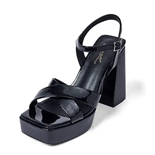 Produktbild: GENSHUO Blockabsatz High Heel Plateau Sandalen Damen Sexy Offen Zehen Riemchensandalen 10 CM/3,94 Zoll Absatzsandalette mit Knöchelriemen Sommer Sandaletten mit Absatz für Abschlussball, Schwarz 41EU
