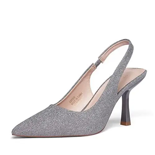 Produktbild: GENSHUO Damen Grau Glitzer High Heel Slingpumps Spitz Stiletto Pumps Slingback High Heels 8CM/3,15 Zoll Slip-on Stöckelschuhe für Party Hochzeit Abschlussfeier Absatzschuhe mit Pfennigabsatz 38,5EU