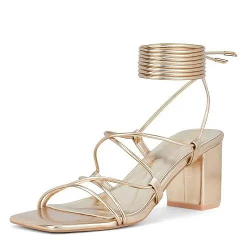 Produktbild: GENSHUO Damen Riemchen-Sandalen mit kräftigen Absätzen, quadratischer offener Zehenpartie, Schnürung mit 6 cm hohem Absatz, Knöchelriemen und Blockabsätzen, Gold, EU 37