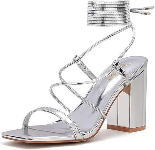 Produktbild: GENSHUO Damen Sandalen mit offener Quadrat-Zehenpartie, Schnürung kräftigen Blockabsätzen, Riemen, sommerliche Brautschuhe für Hochzeit, Silber B, EU 39