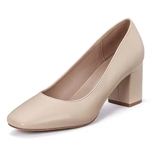 Produktbild: GENSHUO Damen Schwarz Pumps mit Niedrigem Blockabsatz Glatte Klobig High Heels 7 cm/ 2,76 Zoll Arbeitsschuhe mit Eckiger Zehen Frauen Absatzschuhe mit Dicker Absatz, Nude Matte, 40 EU