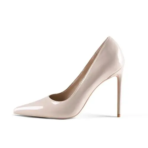 Produktbild: GENSHUO Damen Stiletto High Heels 10CM Sexy Spitze Stiletto Pumps Lackleder Geschlossene Zehe Party Abschlussball Hochzeit Absatzschuhe Stiletto Heels Beige 40 EU