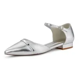 Produktbild: GENSHUO Flache Damenschuhe mit Knöchelriemen, Elegante Spitze Zehenpartie, Flache Schuhe Für Die Arbeit, Silber, 42 EU