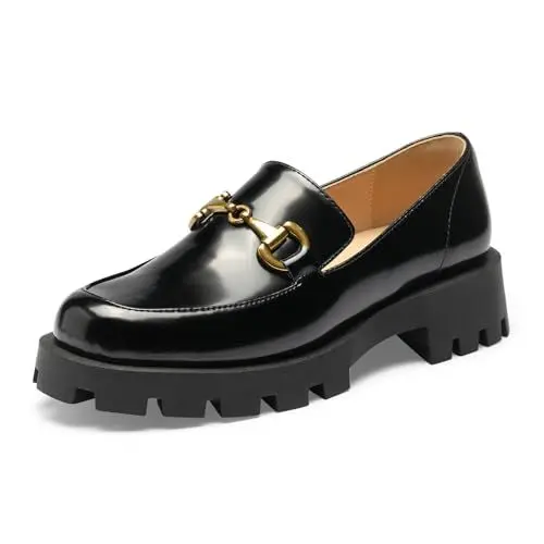 Produktbild: GENSHUO Loafer Damen, Klassisch Loafer Mokassins mit Metallschnalle Geschlossener Zehen Business Slipper Halbschuhe Elegante Slip-on Plateau Schuhe für Frauen, Schwarz, 38,5EU