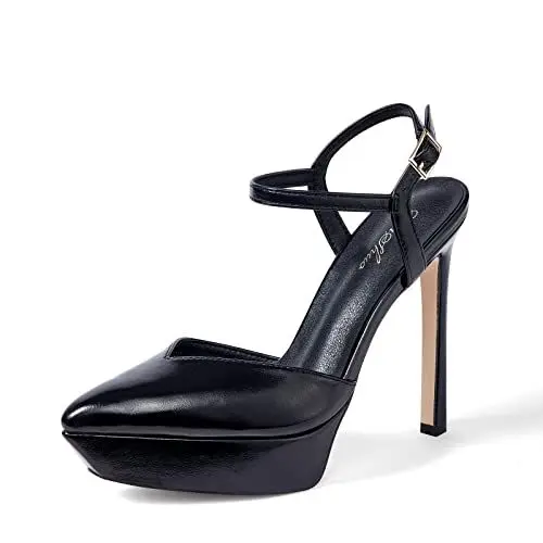 Produktbild: GENSHUO Plateau High Heels Damen Spitz Stiletto Sandalen mit Knöchelriemen Sexy Geschlossene Pumps 12 cm/4,72 Zoll Stiletto Riemchensandalen für Party Prom, Schwarz 38EU