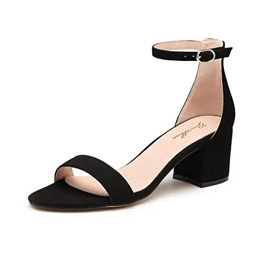 Produktbild: GENSHUO Sandaletten Damen mit Blockabsatz 6 CM/2,36 Zoll Elegant Wildleder Knöchelriemen Sandalen mit Niedrigem Absatz Sexy Offen High Heel Riemchensandalen für Party Prom Hochzeit, Schwarz 38,5EU