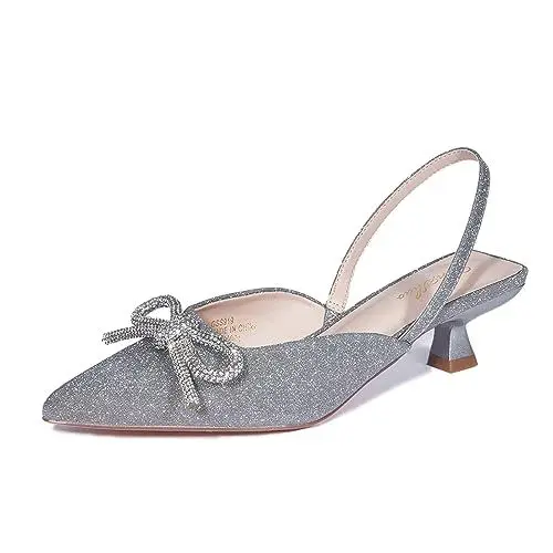 Produktbild: GENSHUO Slingback-Pumps mit Strasssteinen und Schleife für Damen, geschlossener spitzer Zehenbereich, Hochzeits- und Brautschuhe, Grauer Glitzer, 38.5 EU