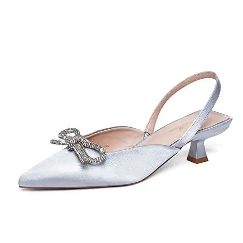 Produktbild: GENSHUO Slingback-Pumps mit Strasssteinen und Schleife für Damen, geschlossener spitzer Zehenbereich, Hochzeits- und Brautschuhe, Silber, 39 EU