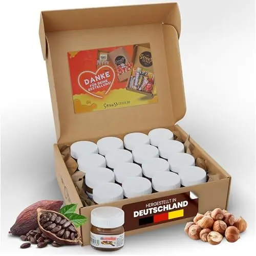Produktbild: Genussleben Box mit 16 Mini Gläser je 25g Brotaufstrich, Haselnusscreme vom Marktführer für Büro, Familie, Campen, Zelten oder Unterwegs.