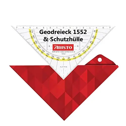 Produktbild: Aristo AR18000B Geodreieck AR1552 mit passender Geocover Schutzhülle basic (Dreieck Hypotenuse 16 cm, Tuschenoppen und Facetten, Hülle mit Lochung zum Abheften) rot, transparent